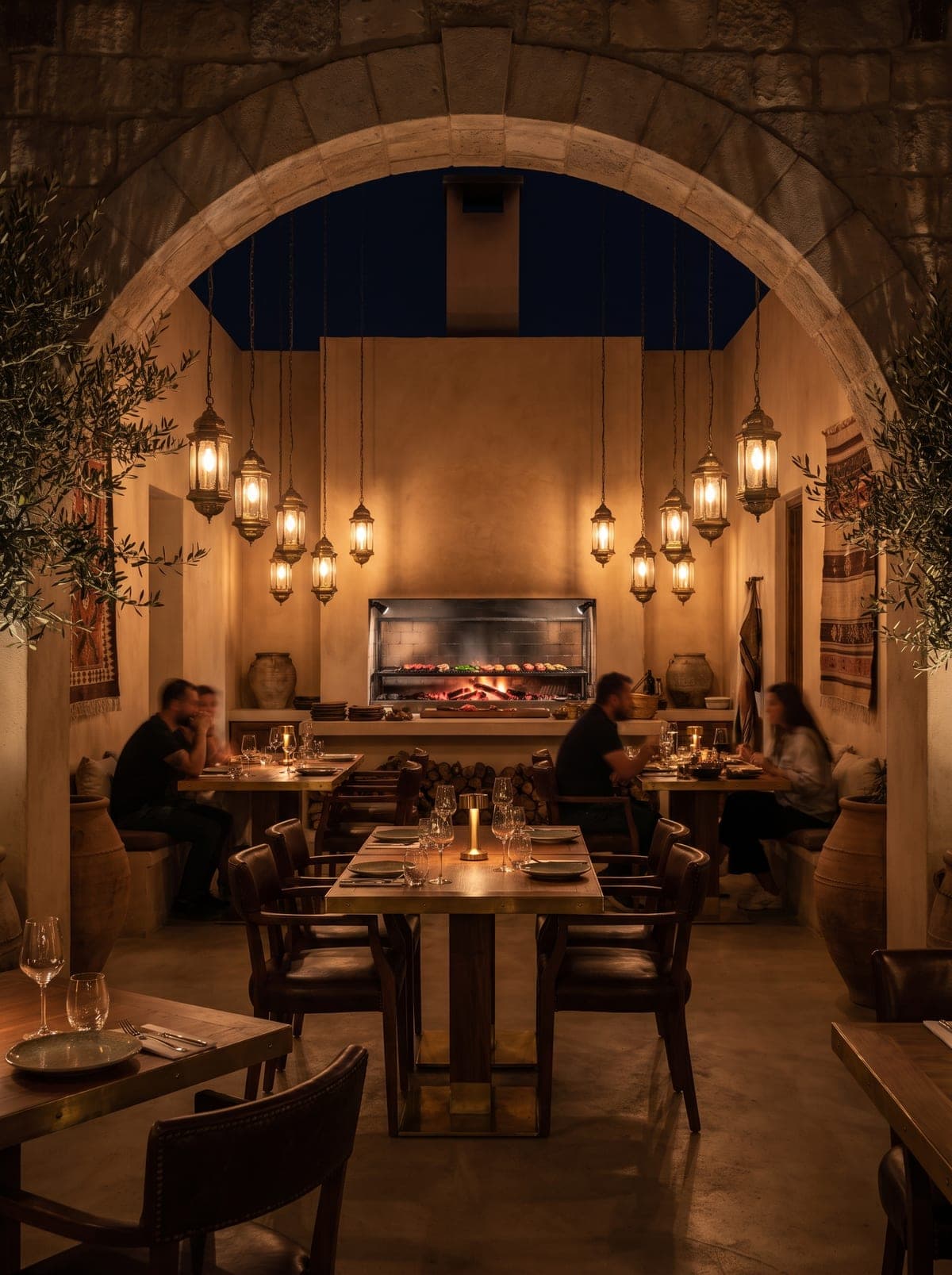 The warm, clean dining room at Origin Mediterranean with its fountain and garden view